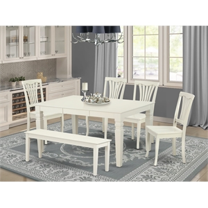 East West Furniture Dining Table and 4 Wooden Chair in 1 Bench in Linen White