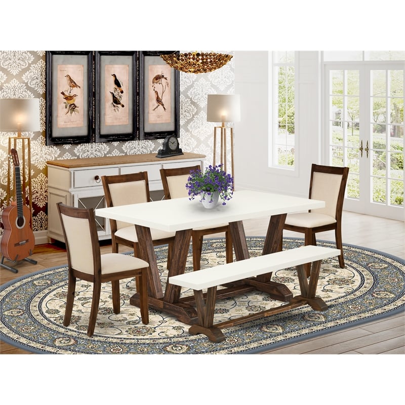 East West Furniture Table/4 Light Beige Chair/1 Bench in Distressed Jacobean