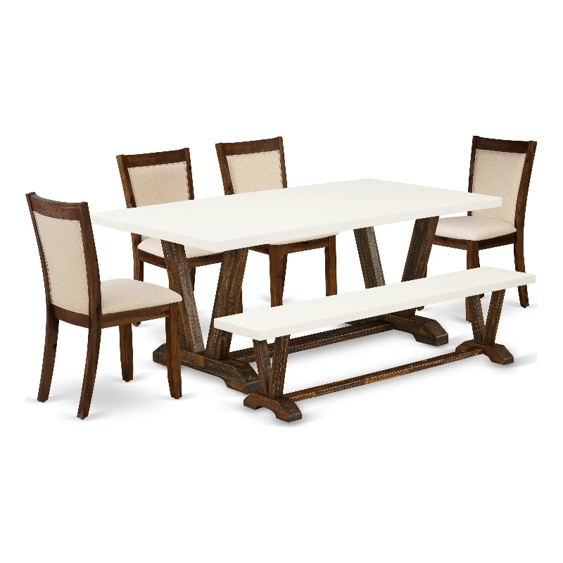 East West Furniture Table/4 Light Beige Chair/1 Bench in Distressed Jacobean