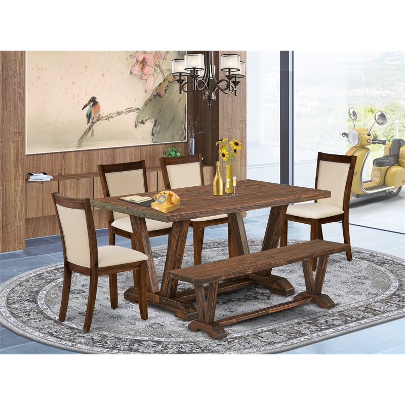 East West Furniture 6-Piece Dining Set in Distressed Jacobean/Light Beige