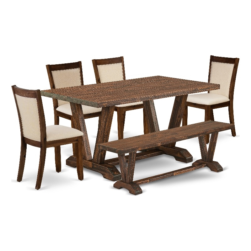 East West Furniture 6-Piece Dining Set in Distressed Jacobean/Light Beige