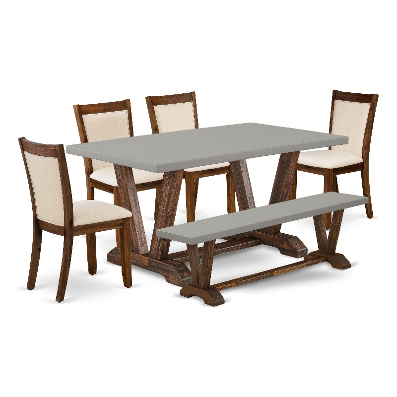 East West Furniture Table/4 Light Beige Chair/1 Bench in Distressed Jacobean