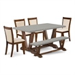 East West Furniture Table/4 Light Beige Chair/1 Bench in Distressed Jacobean