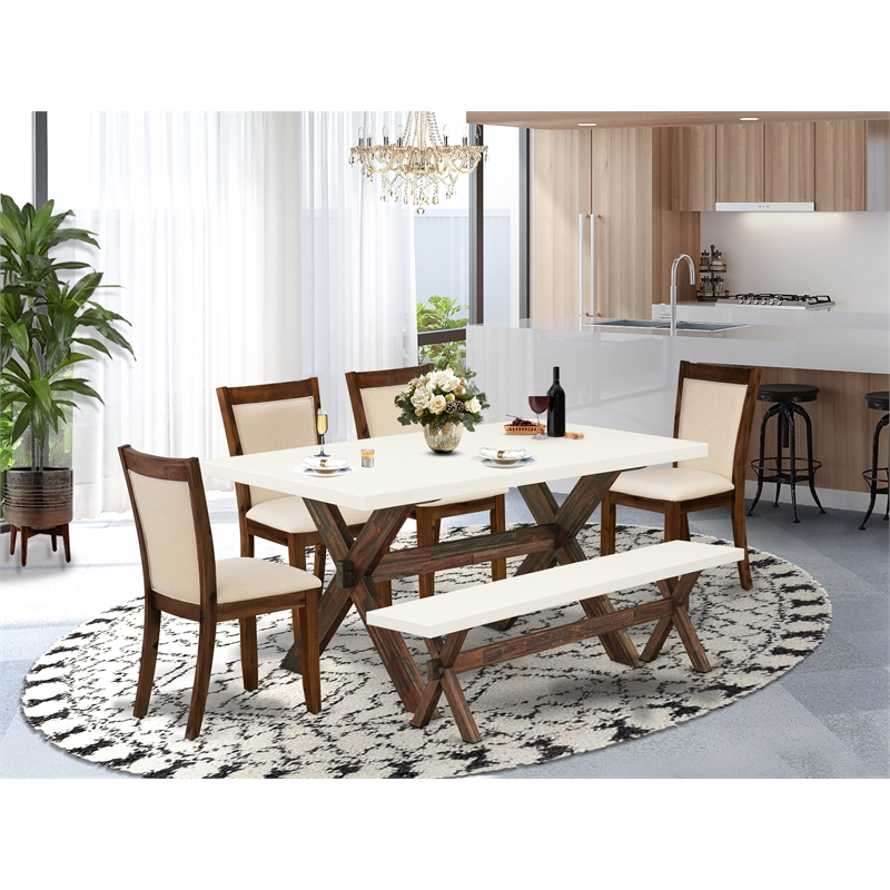 East West Furniture Table/4 Light Beige Chair/1 Bench in Distressed Jacobean