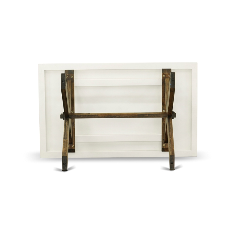 East West Furniture Table/4 Light Beige Chair/1 Bench in Distressed Jacobean