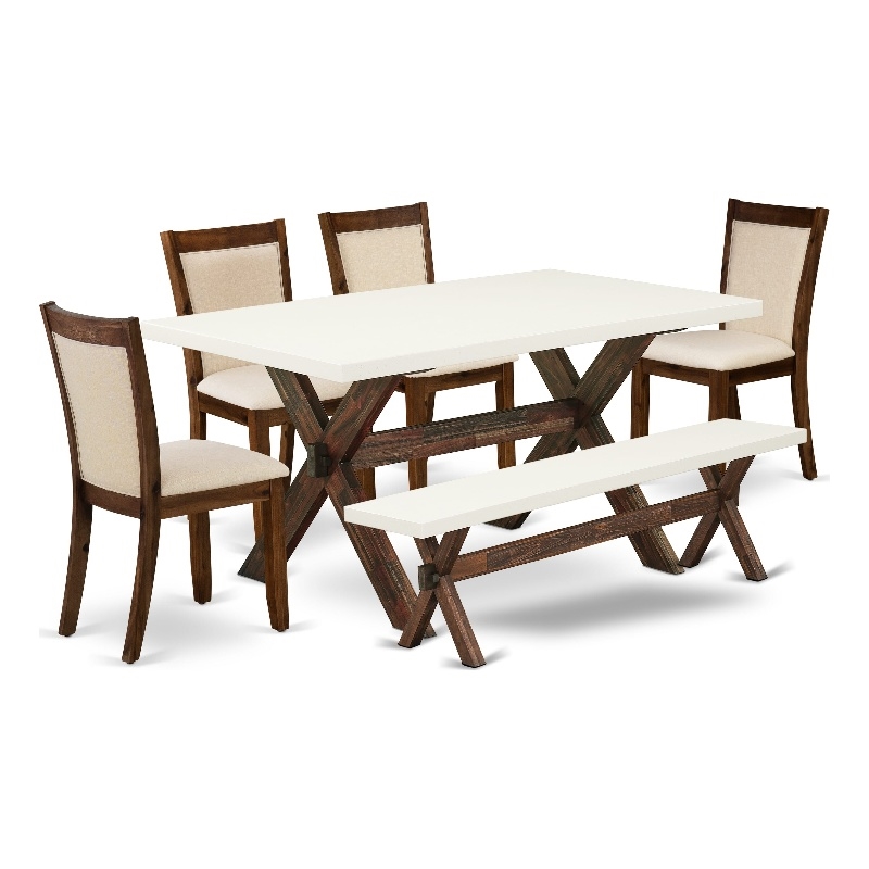 East West Furniture Table/4 Light Beige Chair/1 Bench in Distressed Jacobean