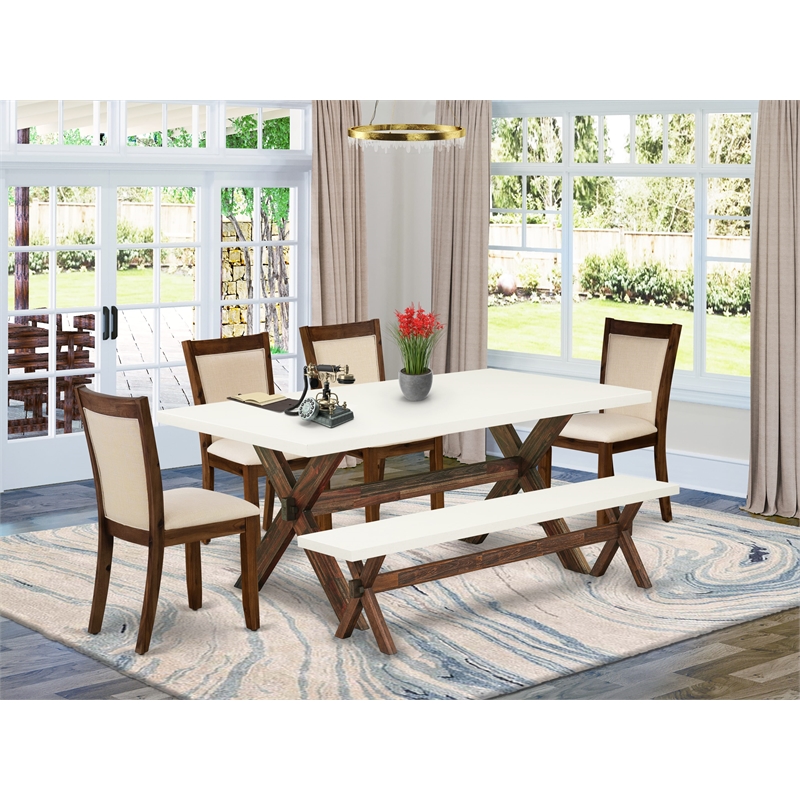 East West Furniture Table/4 Light Beige Chair/1 Bench in Distressed Jacobean
