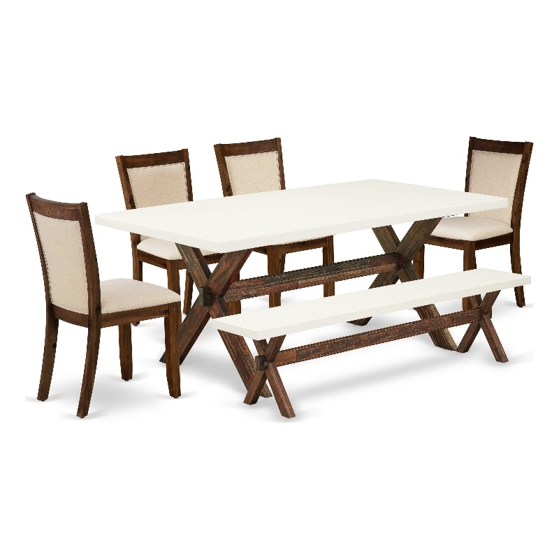 East West Furniture Table/4 Light Beige Chair/1 Bench in Distressed Jacobean