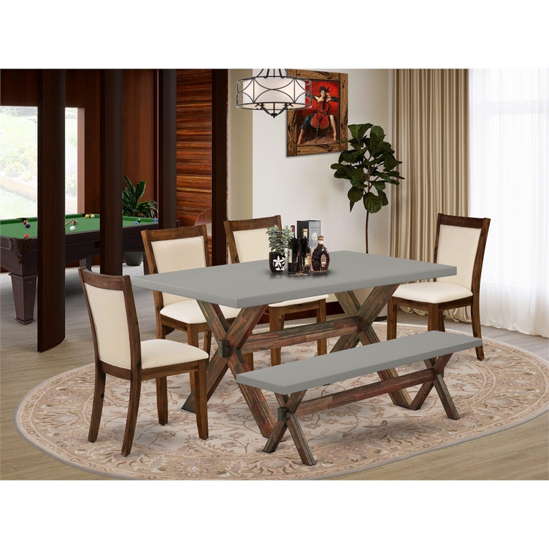 East West Furniture Table/4 Light Beige Chair/1 Bench in Distressed Jacobean
