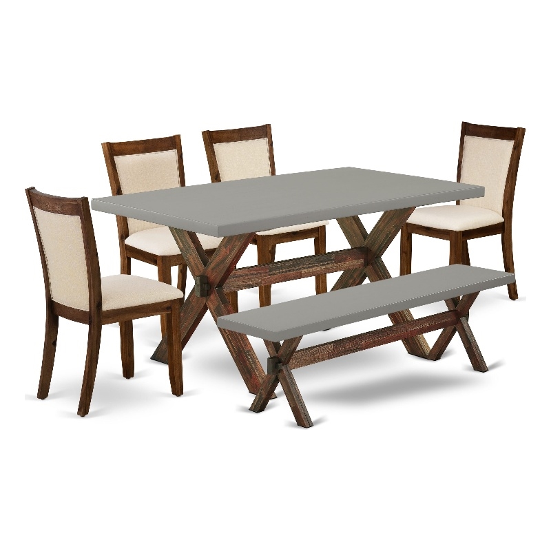 East West Furniture Table/4 Light Beige Chair/1 Bench in Distressed Jacobean