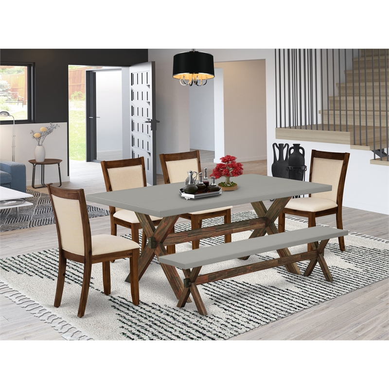 East West Furniture Table/4 Light Beige Chair/1 Bench in Distressed Jacobean