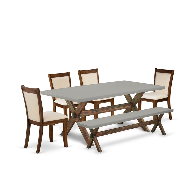 East West Furniture Table/4 Light Beige Chair/1 Bench in Distressed Jacobean