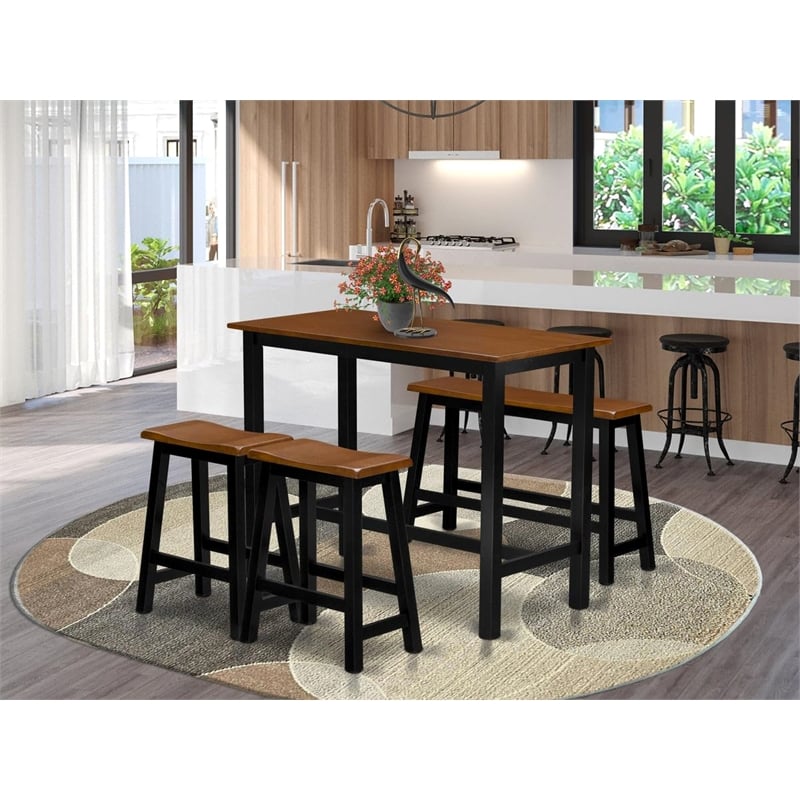 East West Furniture Dining Table 2 Wood Stools with a Bench in Black/Cherry