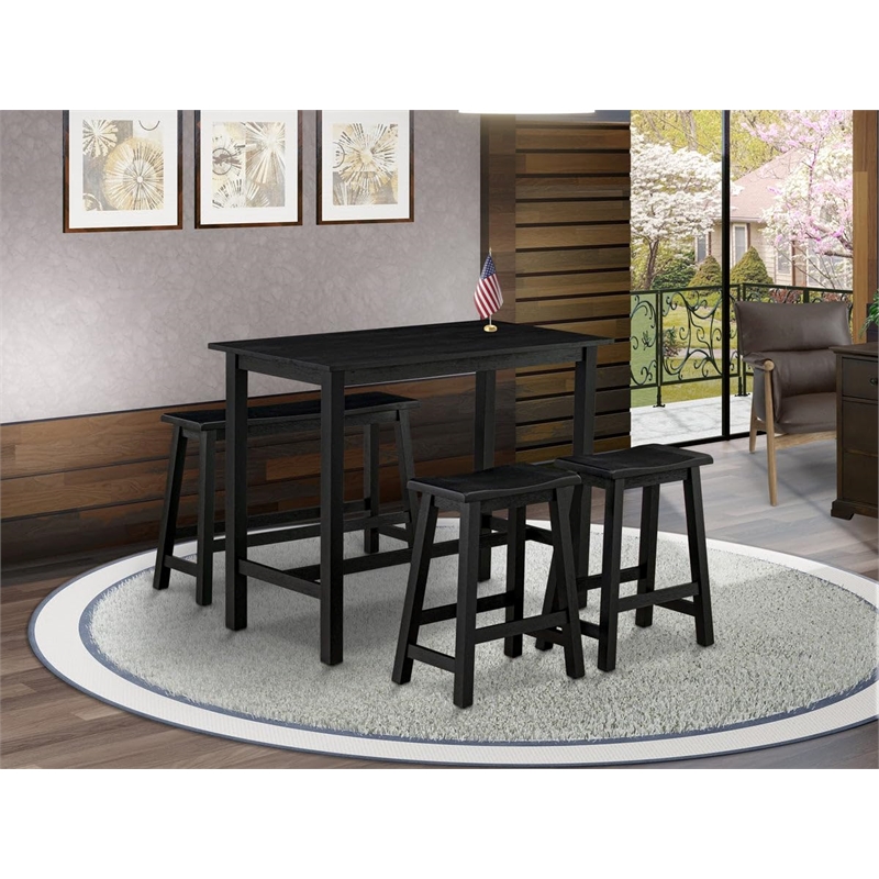 East West Furniture Wood Table/2 Kitchen Stools/1 Bench in Wire brushed Black