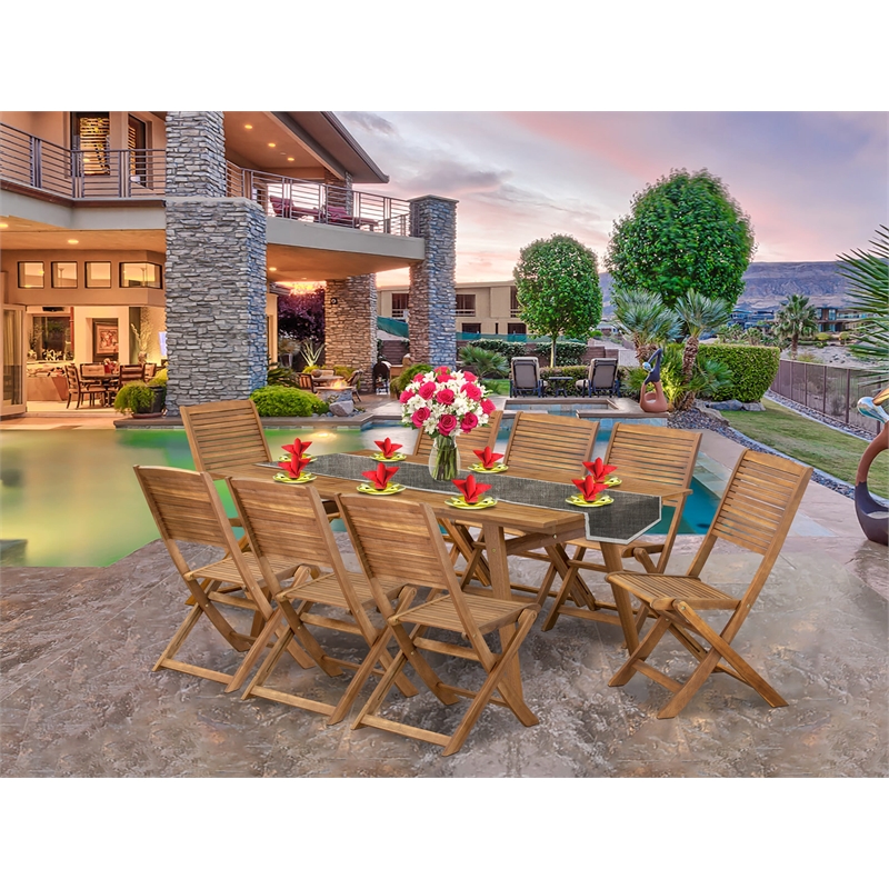 East West Furniture 9-Piece Patio Garden Table Set in Natural Oil