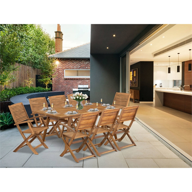 East West Furniture 9-Piece Outdoor Patio Dining Setin Natural Oil