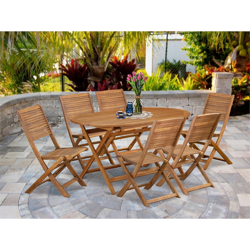 East West Furniture 7-Piece Patio Dining Set in Natural Oil