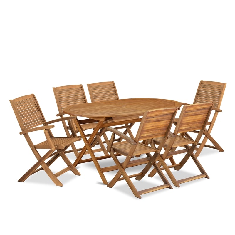 East West Furniture 7-Piece Patio Dining Set in Natural Oil
