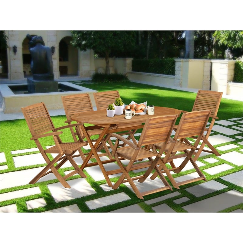 East West Furniture 7-Piece Patio Dining Set in Natural Oil