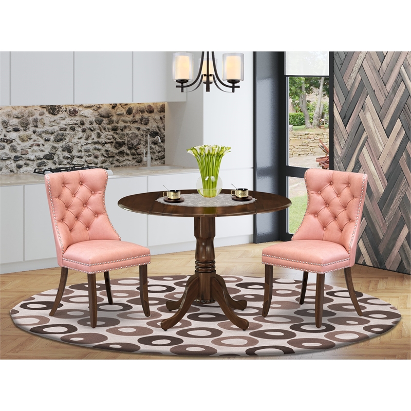 East West Furniture 3-Piece Kitchen Table Set in Antique Walnut/Beige Red