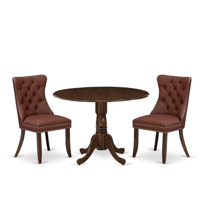 East West Furniture 3-Piece Dining Table Set in Antique Walnut/Burgundy
