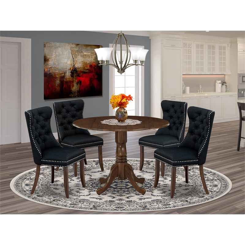 East West Furniture 5-Piece Dining Table Set  in Antique Walnut/Black