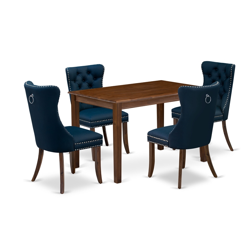 East West Furniture 5-Piece Modern Dining Table Set in Antique Walnut/Navy Blue