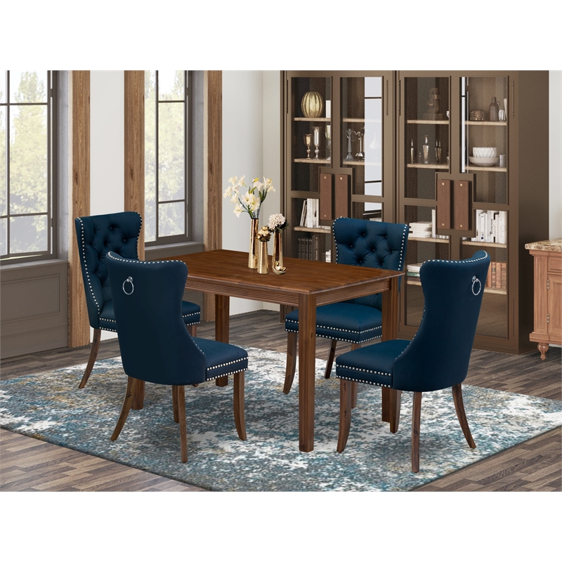 East West Furniture 5-Piece Modern Dining Table Set in Antique Walnut/Navy Blue