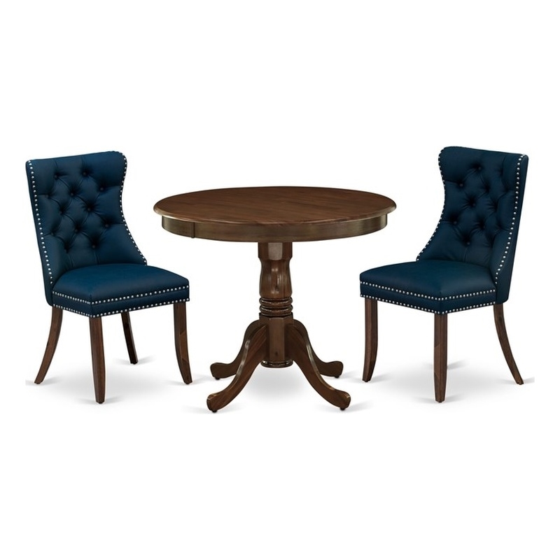 East West Furniture 3-Piece Kitchen Table Set in Antique Walnut/Navy Blue