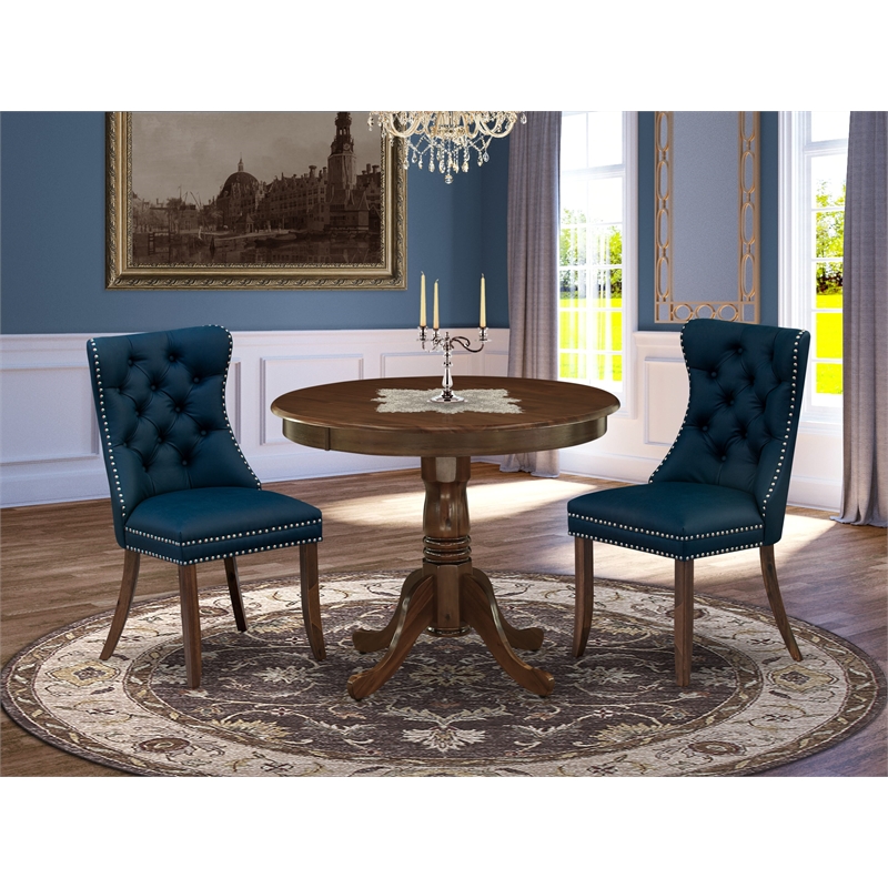 East West Furniture 3-Piece Kitchen Table Set in Antique Walnut/Navy Blue