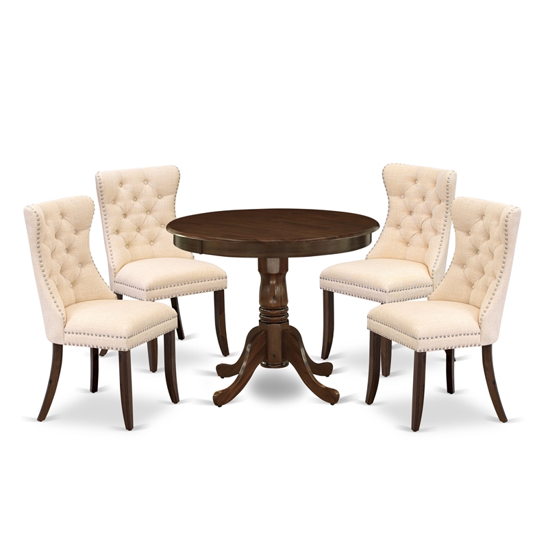East West Furniture 5-Piece Dining Room Set in Antique Walnut/Light Beige