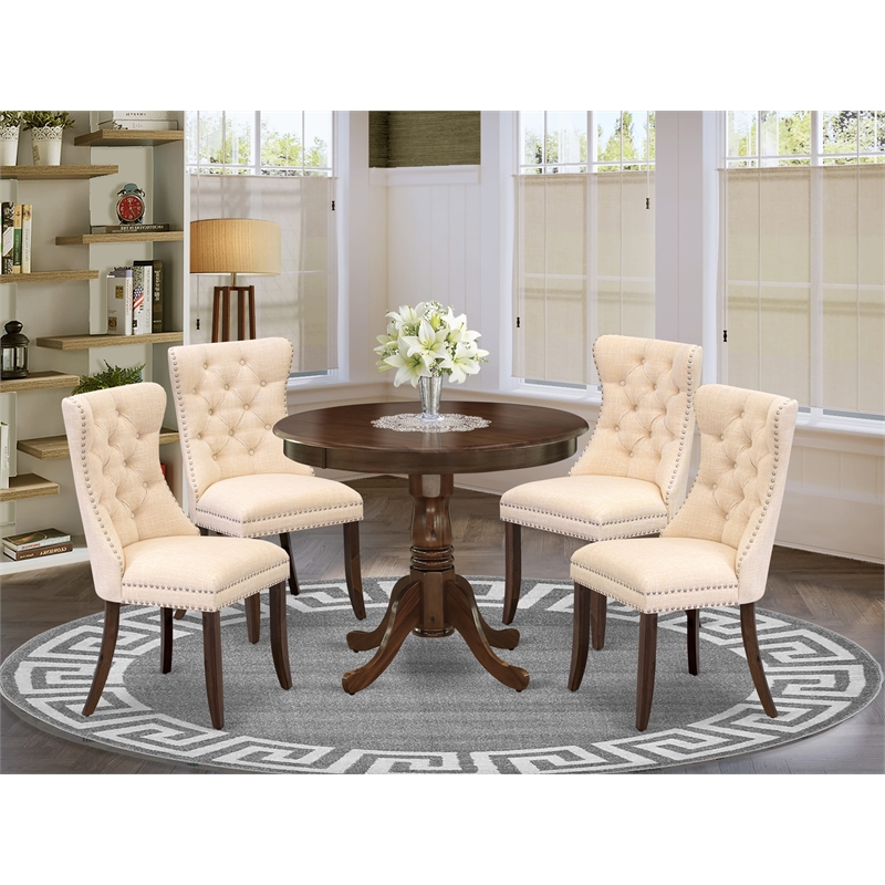 East West Furniture 5-Piece Dining Room Set in Antique Walnut/Light Beige