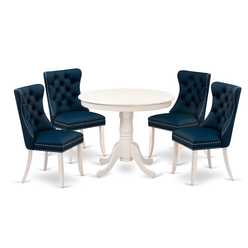 East West Furniture 5-Piece Dining Room Set in Linen White/Navy Blue