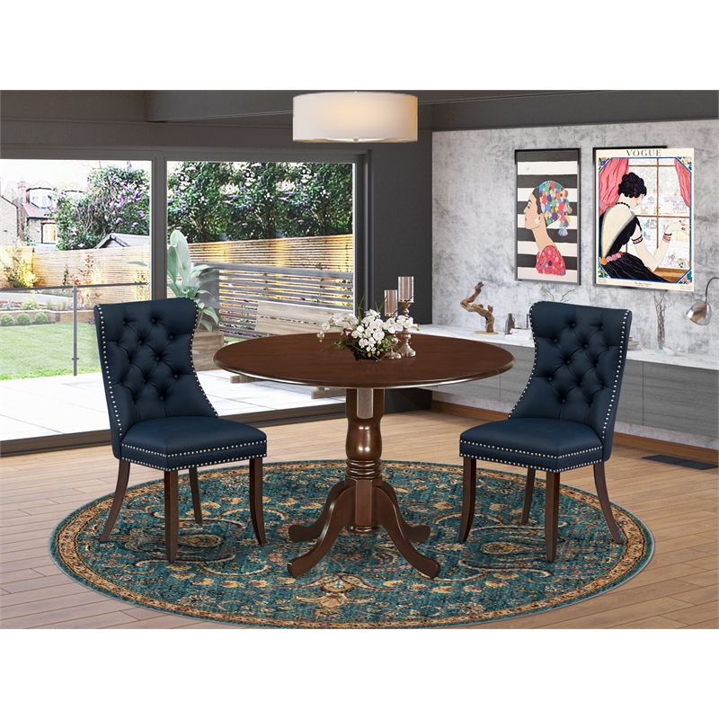 East West Furniture 3-Piece Modern Dining Table Set in Mahogany/Navy Blue