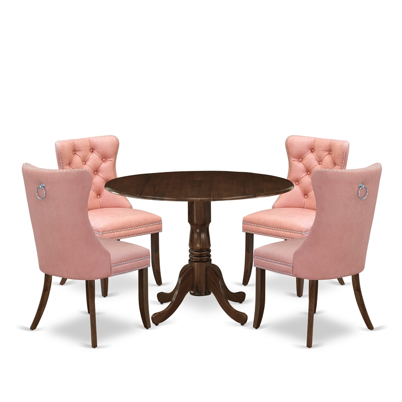 East West Furniture 5-Piece Dining Room Set in Antique Walnut/Beige Red