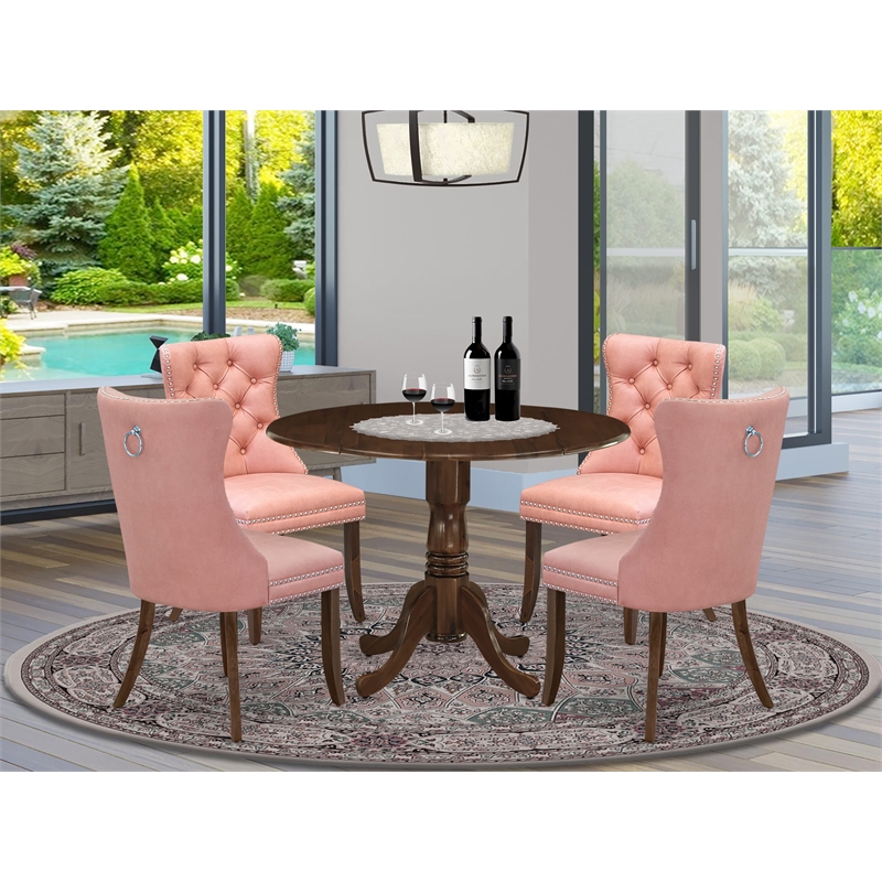 East West Furniture 5-Piece Dining Room Set in Antique Walnut/Beige Red