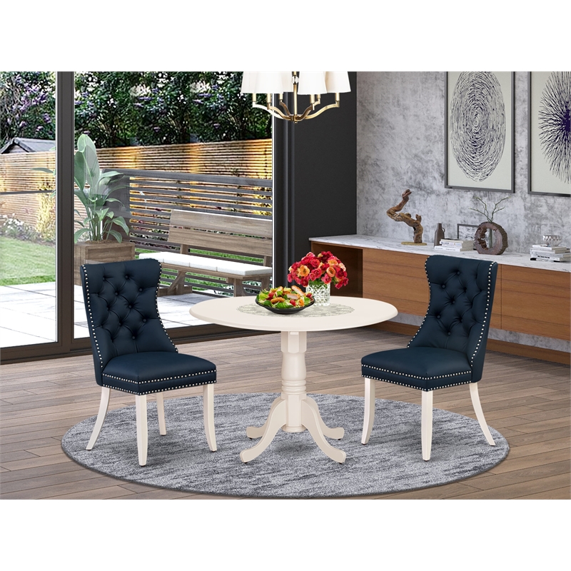 East West Furniture 3-Piece Kitchen Table Set in Linen White/Navy Blue