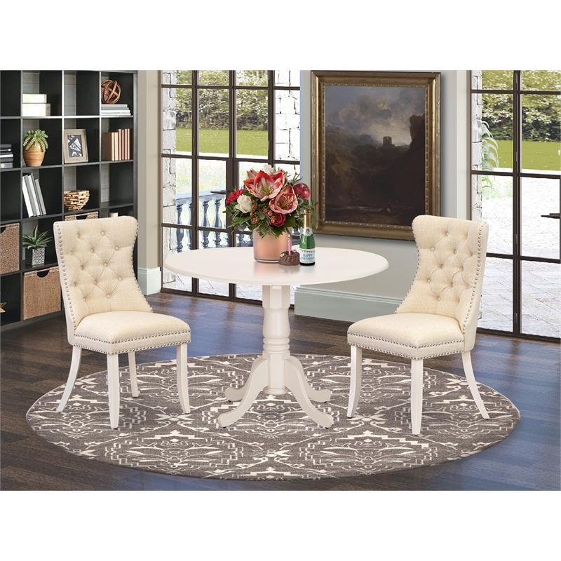 East West Furniture 3-Piece Dining Table Set in Linen White/Light Beige
