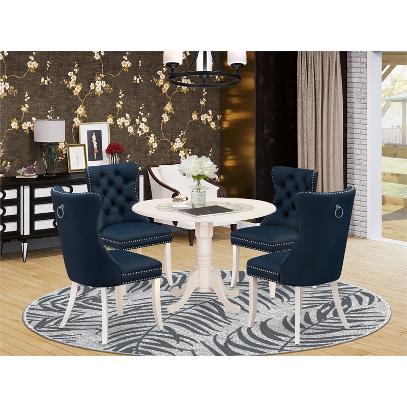 East West Furniture 5-Piece Dining Table Set  in Linen White/Navy Blue