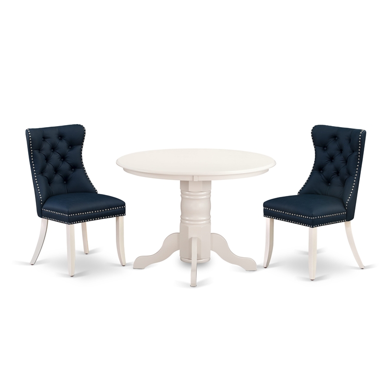 East West Furniture 3-Piece Modern Dining Table Set in Linen White/Navy Blue