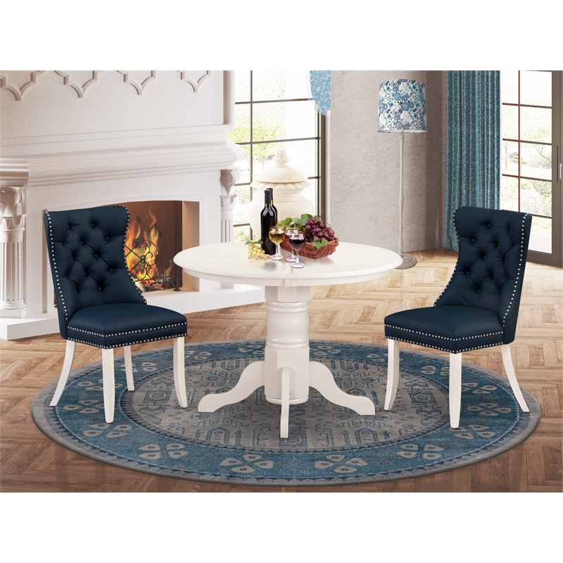 East West Furniture 3-Piece Modern Dining Table Set in Linen White/Navy Blue
