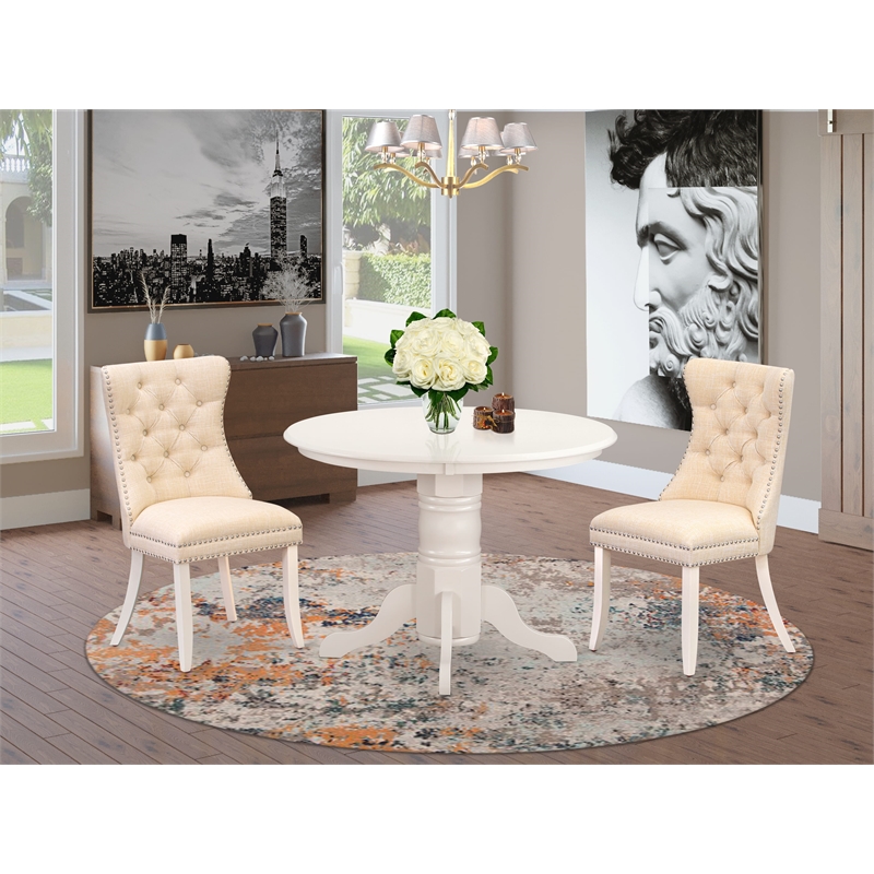 East West Furniture 3-Piece Kitchen Table Set in Linen White/Light Beige