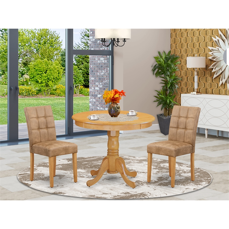 East West Furniture 3-Piece Dining Table Set in Oak/Brown Textured