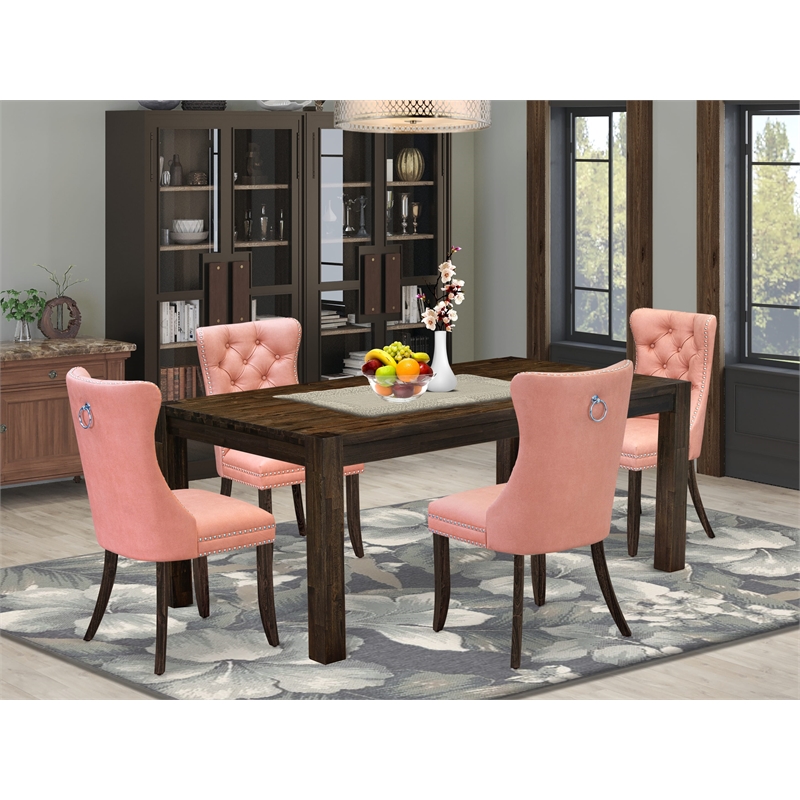 East West Furniture 5-Piece Dining Table Set in Beige Red/Distressed Jacobean