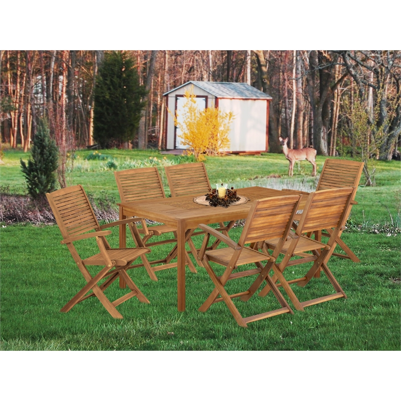 East West Furniture 7-Piece Outdoor Patio Dining Set in Natural Oil