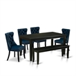 East West Furniture 6-Piece Dining Table Set in Black/Navy Blue