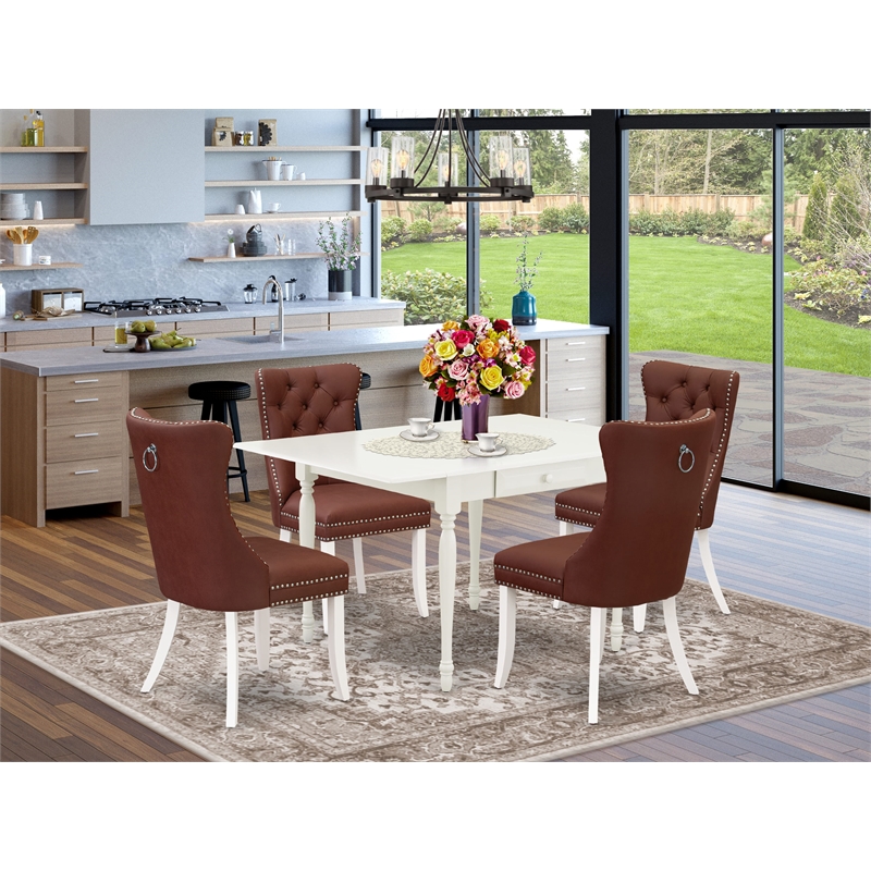 East West Furniture 5-Piece Kitchen Table Set for 4 in Linen White/Burgundy
