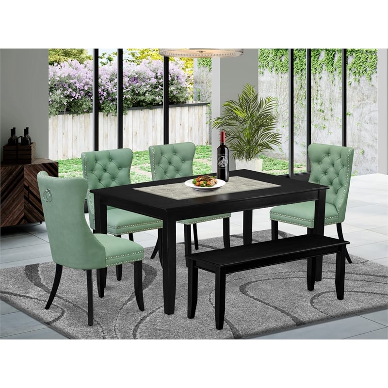 East West Furniture 6-Piece Dining Room Set in Black/Willow Green