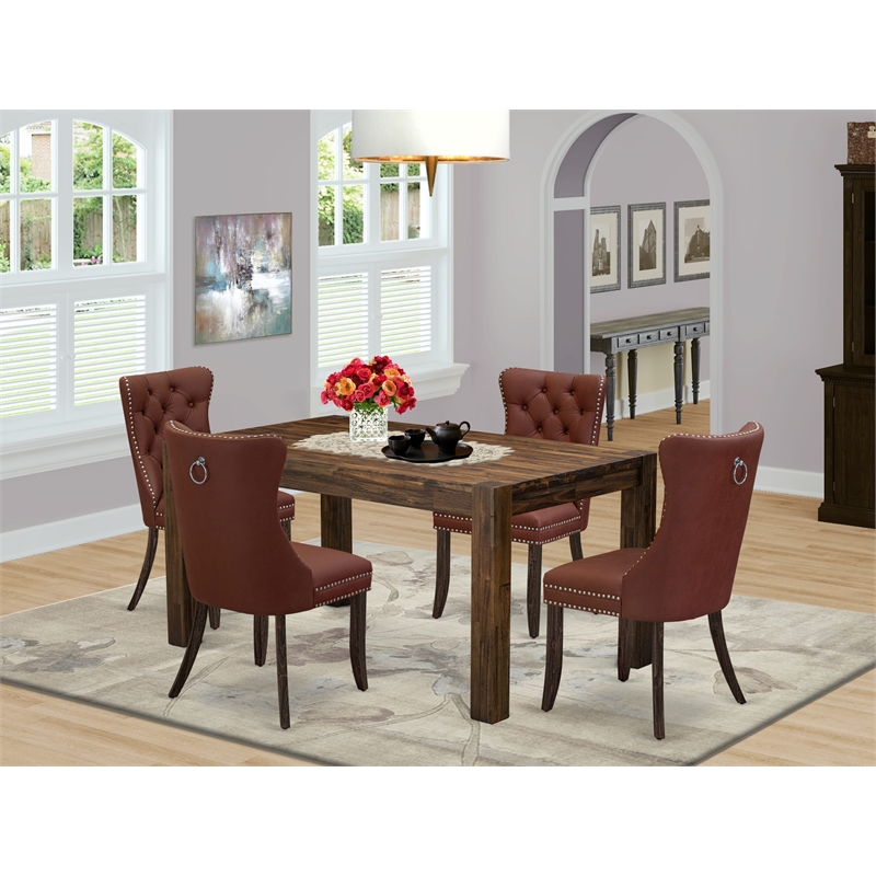 East West Furniture 5-Piece Dining Table Set in Distressed Jacobean/Burgundy