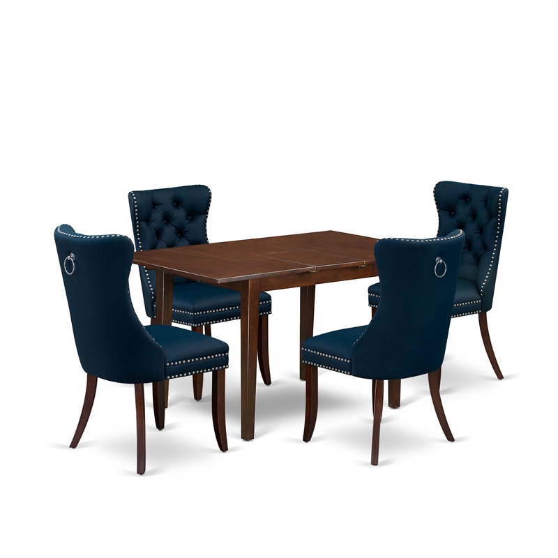 East West Furniture 5-Piece Dining Table Set in Mahogany/Navy Blue